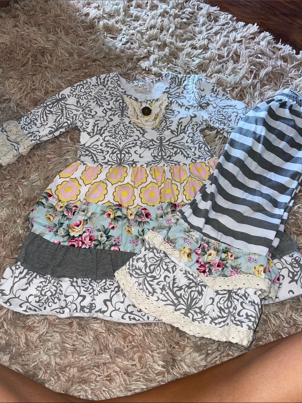 Girls Layered Floral & Stripe Dress Set in Gray, White, Pink, Yellow, Blue